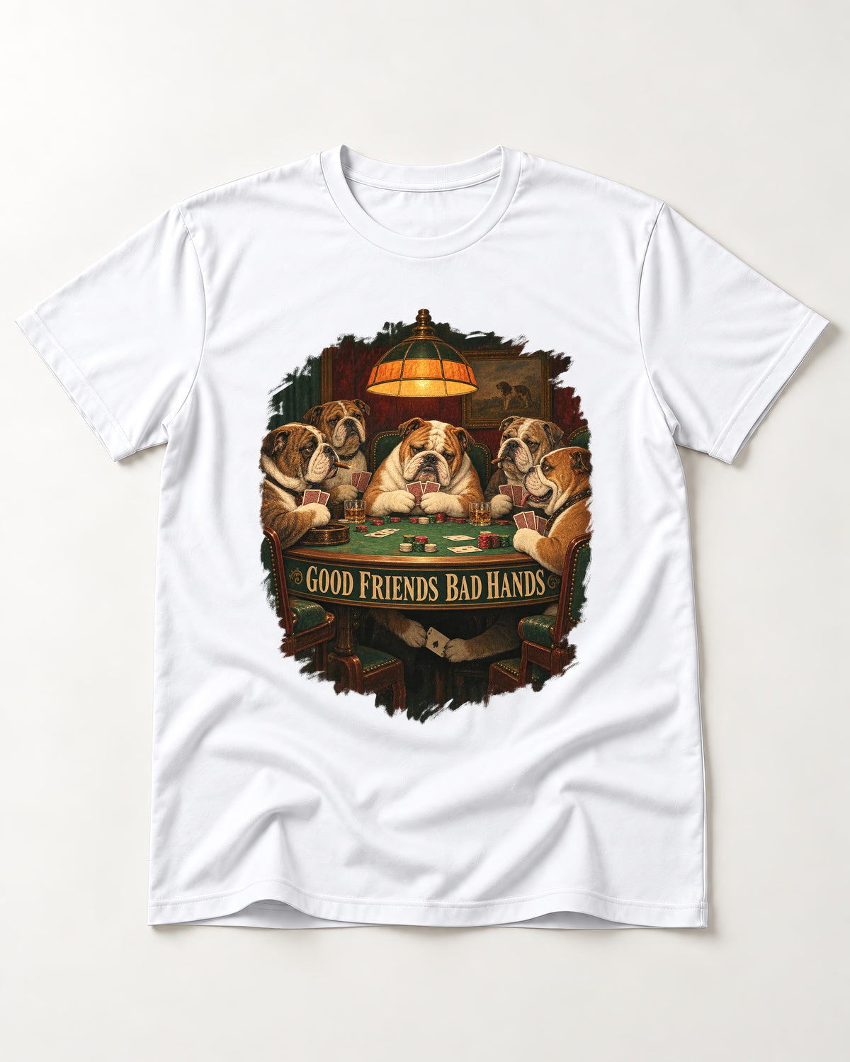 English Bulldog Good Friends Bad Hands Poker Graphic T-Shirt in White, flat lay product photo