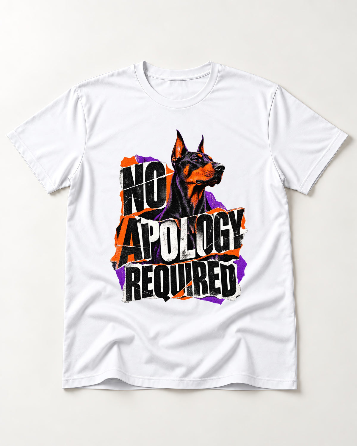 Doberman No Apology Required Torn Paper Graphic T-Shirt in White, flat lay product photo