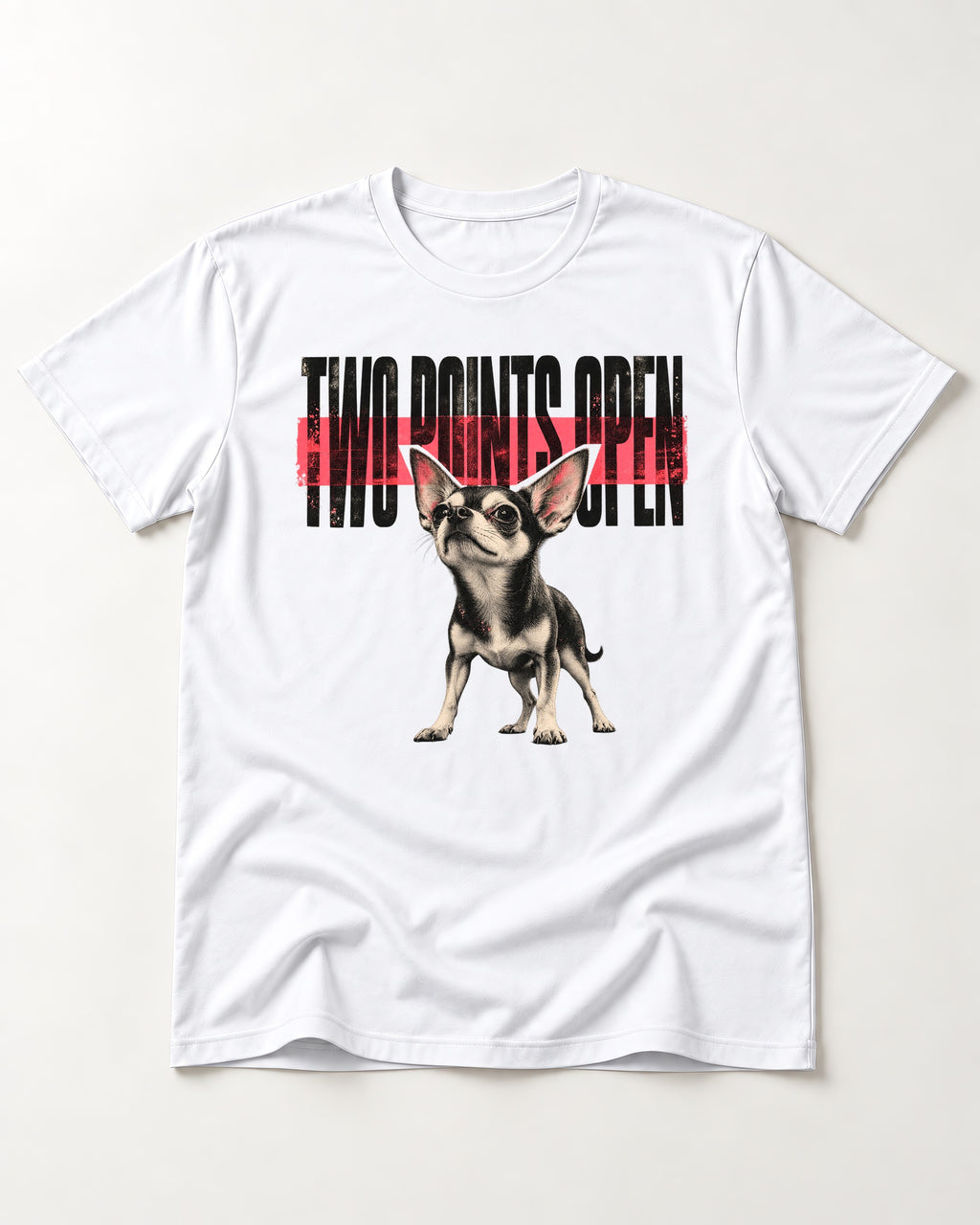 Two Points Open Chihuahua T-Shirt in White, flat lay product photo