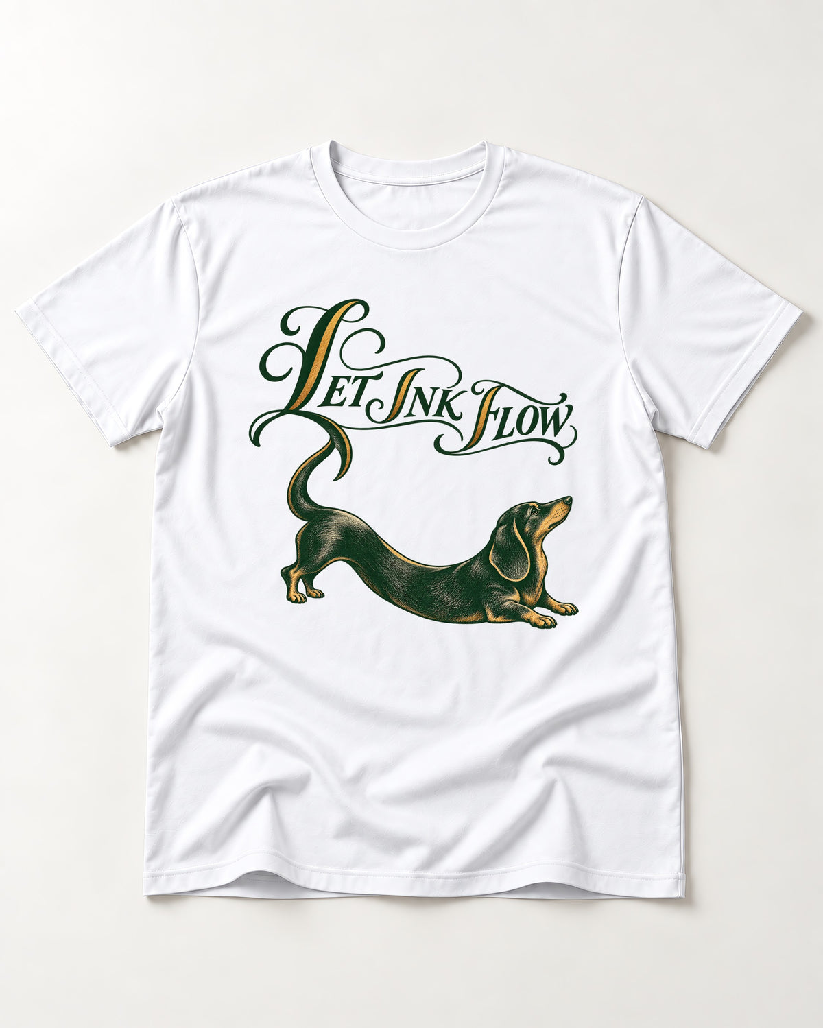 Let the Dachshund Ink Flow T-Shirt in White, flat lay product photo