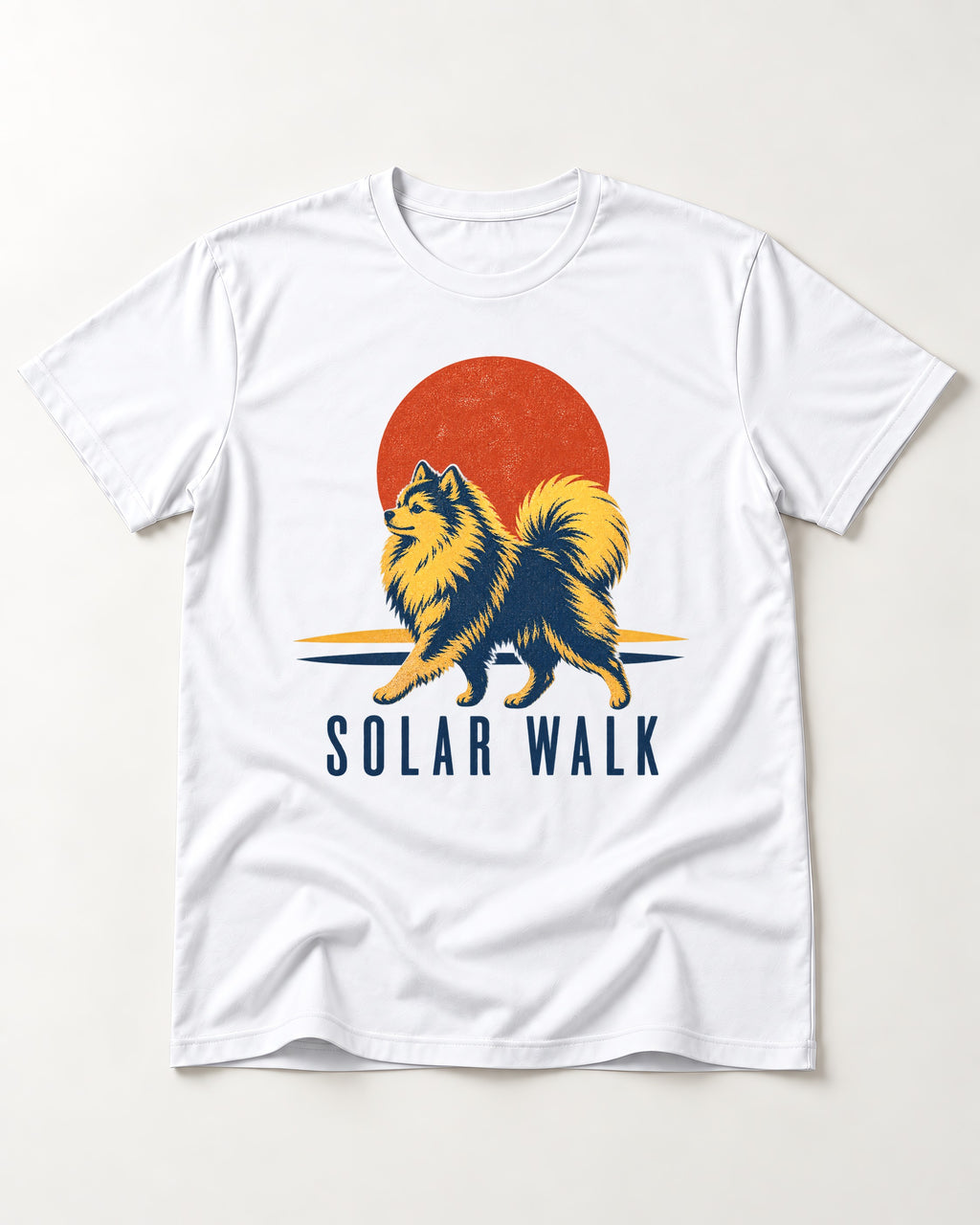 Pomeranian Solar Walk T-Shirt in White, flat lay product photo