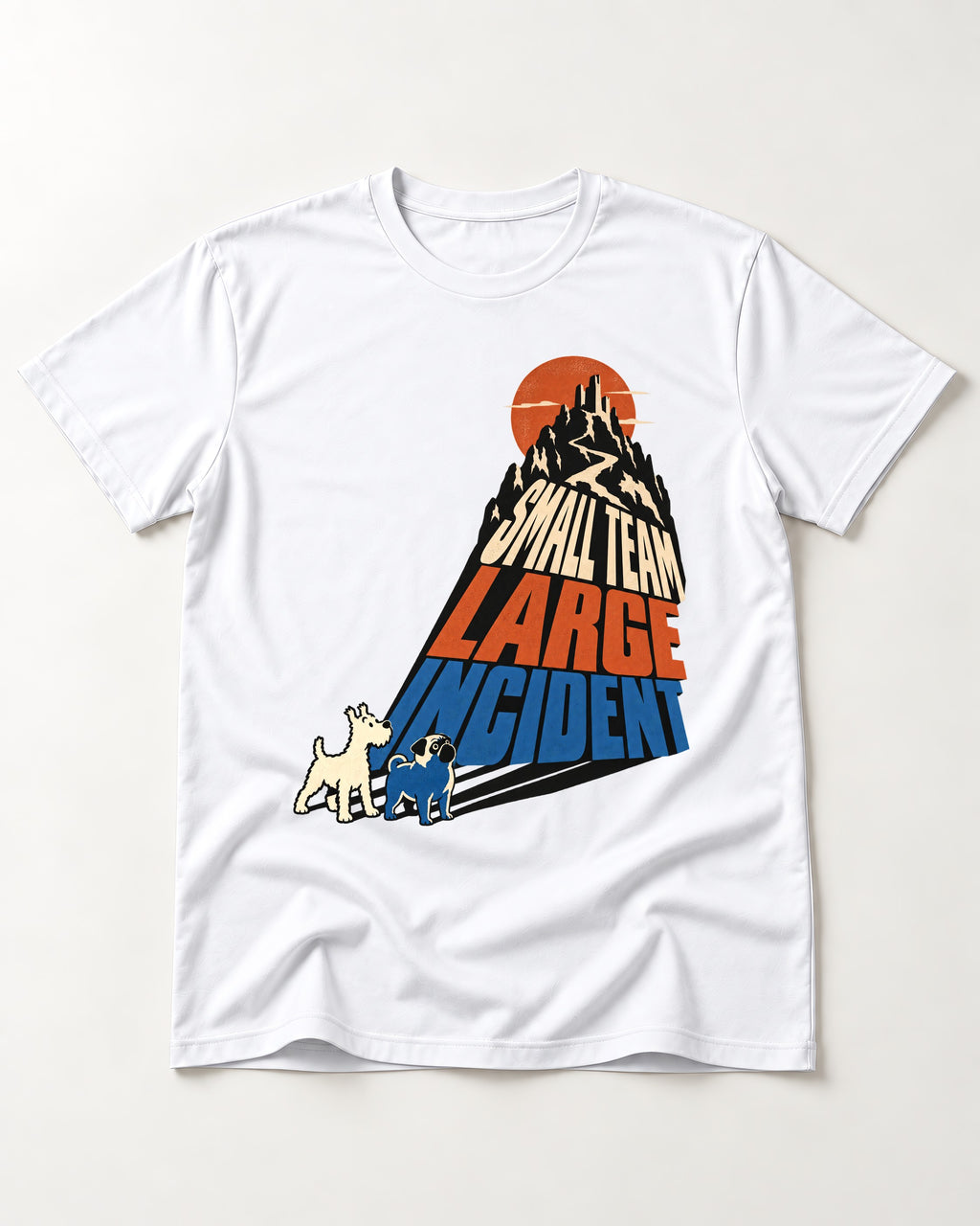 Pug Small Team Large Incident Mountain Graphic T-Shirt in White, flat lay product photo