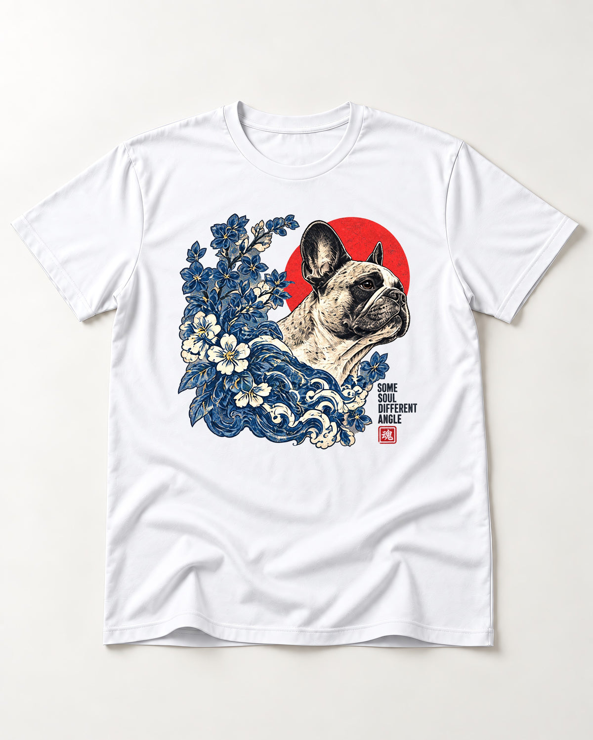 Some Soul Different Angle Frenchie T-Shirt in White, flat lay product photo