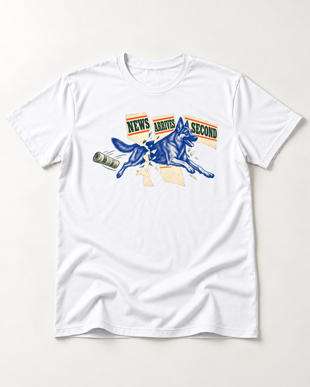 News Arrives Second German Shepherd Dog T-Shirt in White, flat lay product photo