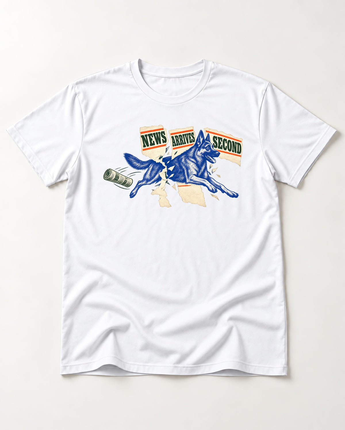 News Arrives Second German Shepherd Dog T-Shirt in White, flat lay product photo