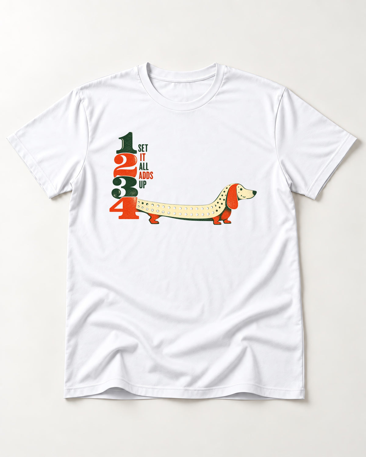 Dachshund Adds Up T-Shirt in White, flat lay product photo