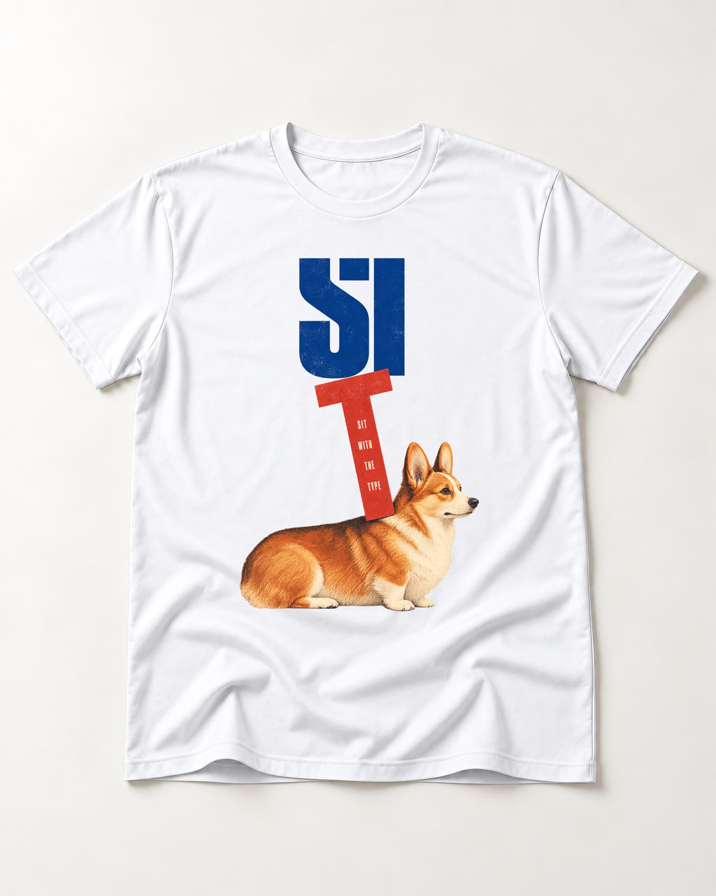 Sit with the Corgi T-Shirt in White, flat lay product photo