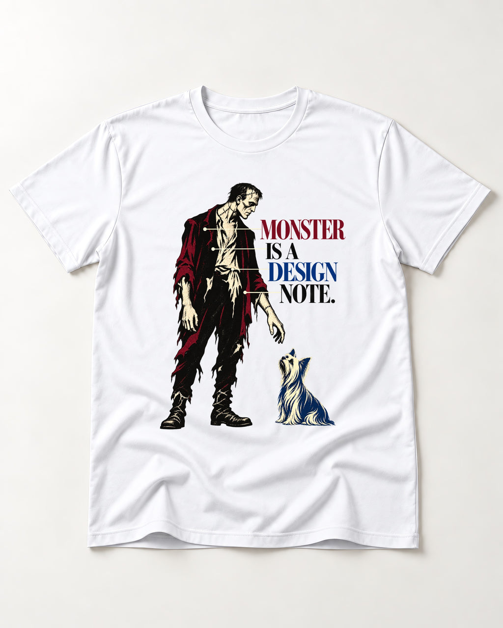 Yorkshire Terrier Monster T-Shirt in White, flat lay product photo