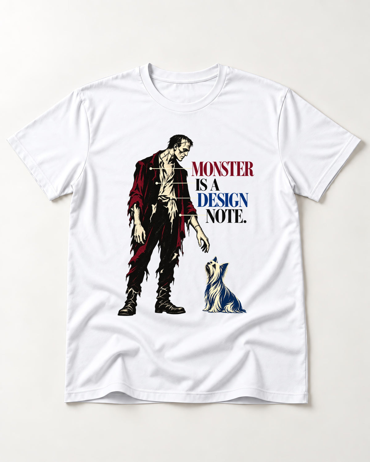 Yorkshire Terrier Monster T-Shirt in White, flat lay product photo