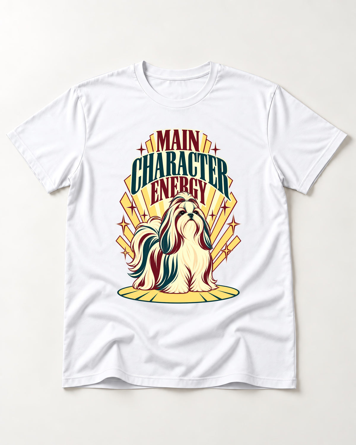 Shih Tzu Main Character Energy Art Deco Graphic T-Shirt in White, flat lay product photo
