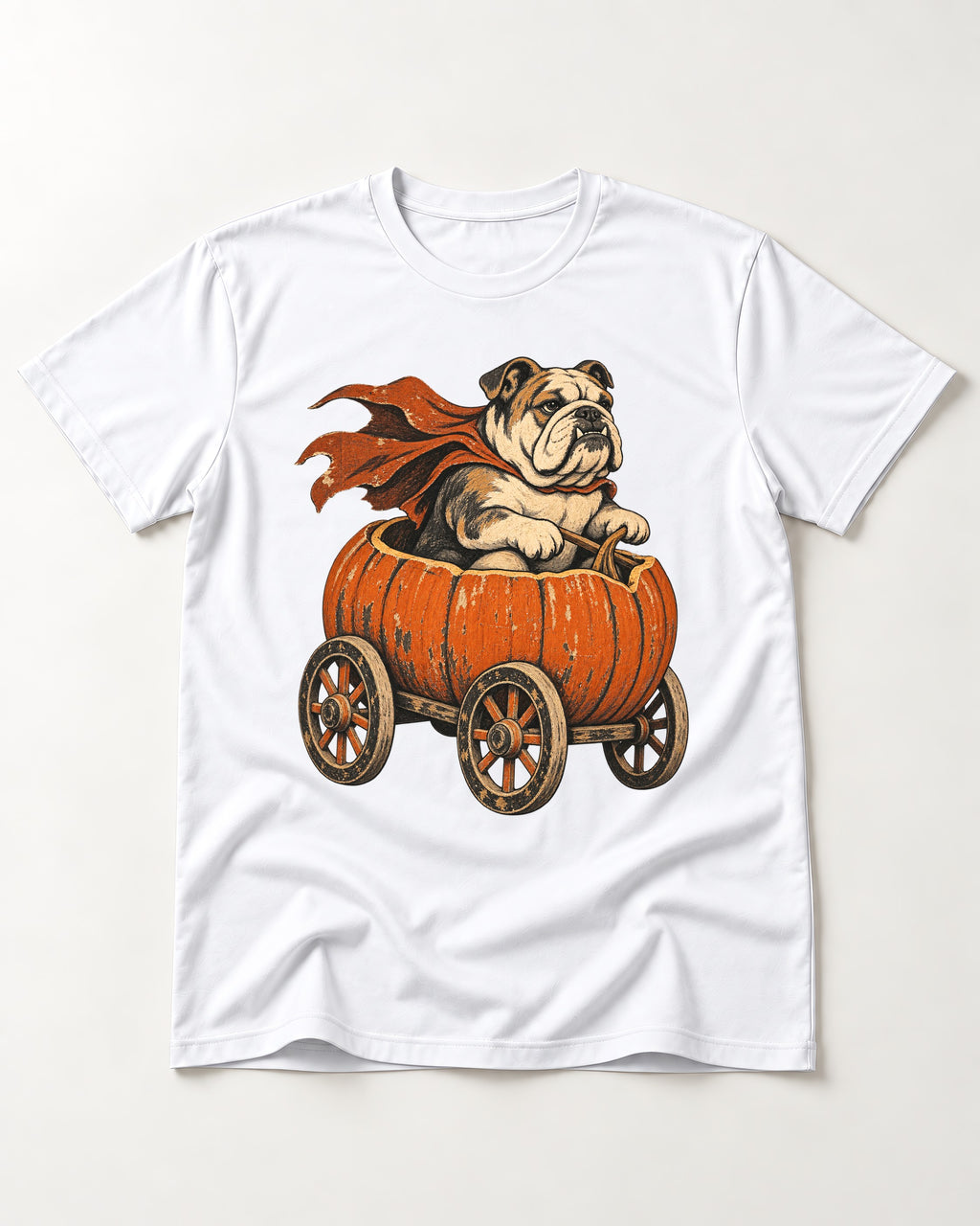 English Bulldog Midnight Magic T-Shirt in White, flat lay product photo
