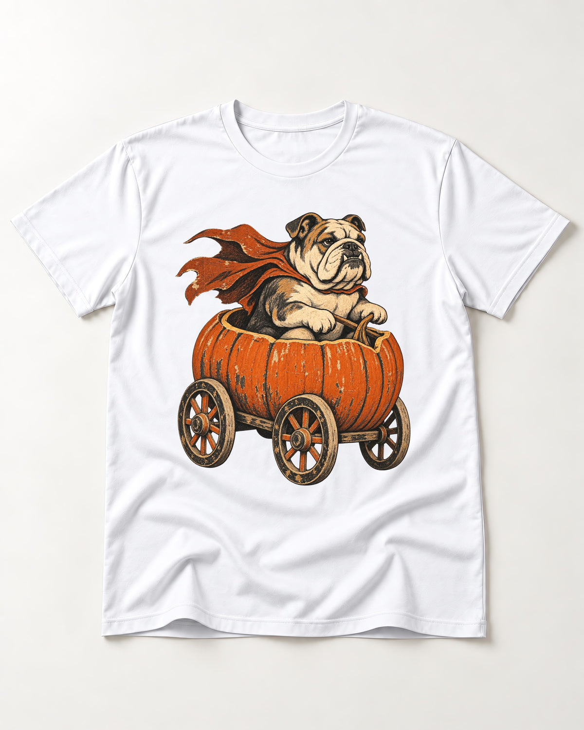 English Bulldog Midnight Magic T-Shirt in White, flat lay product photo