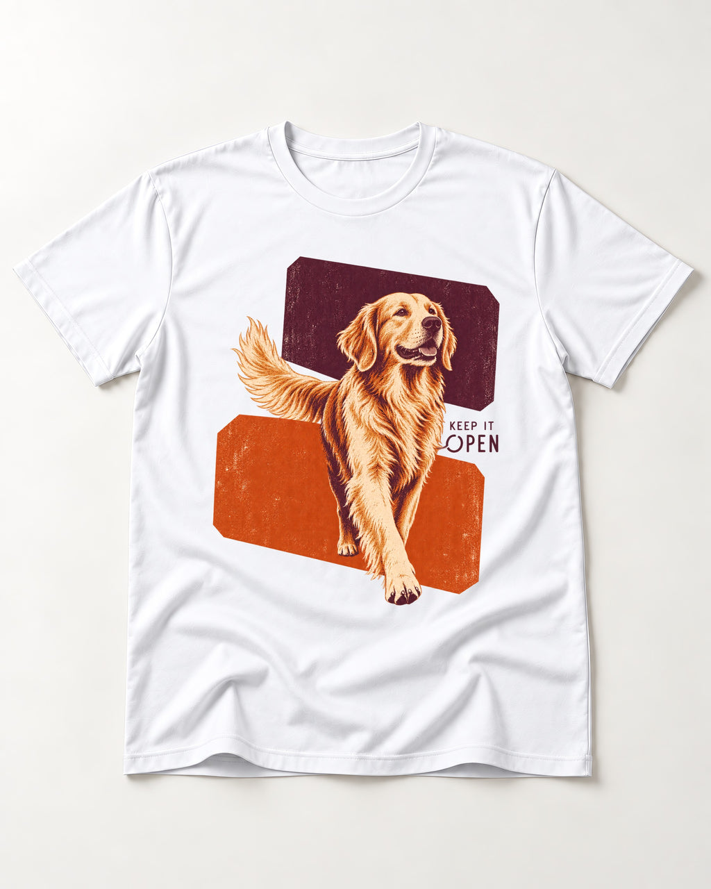 Golden Retriever Keep It Open T-Shirt in White, flat lay product photo