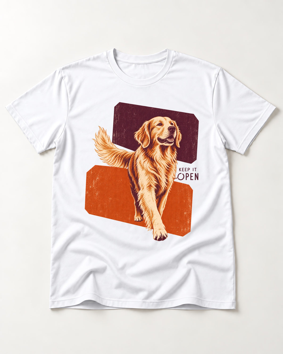 Golden Retriever Keep It Open T-Shirt in White, flat lay product photo