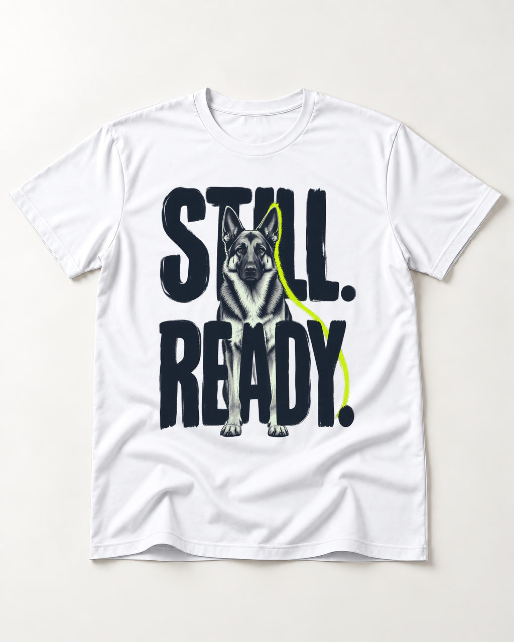 Still Ready German Shepherd Dog T-Shirt in White, flat lay product photo