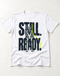 Still Ready German Shepherd Dog T-Shirt in White, flat lay product photo