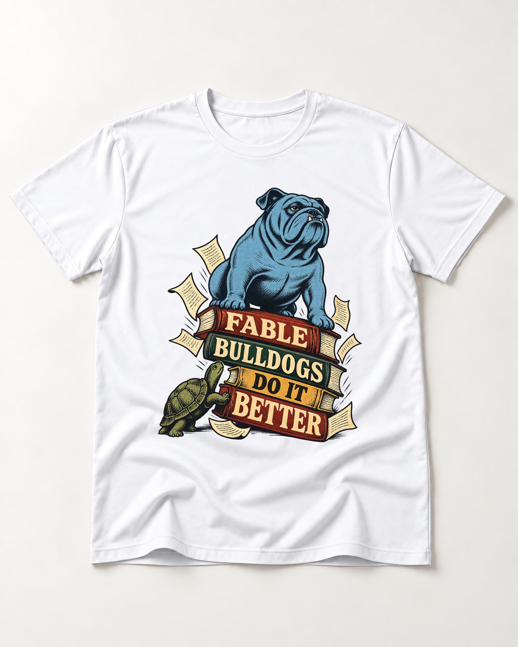 English Bulldog Does It Better T-Shirt in White, flat lay product photo