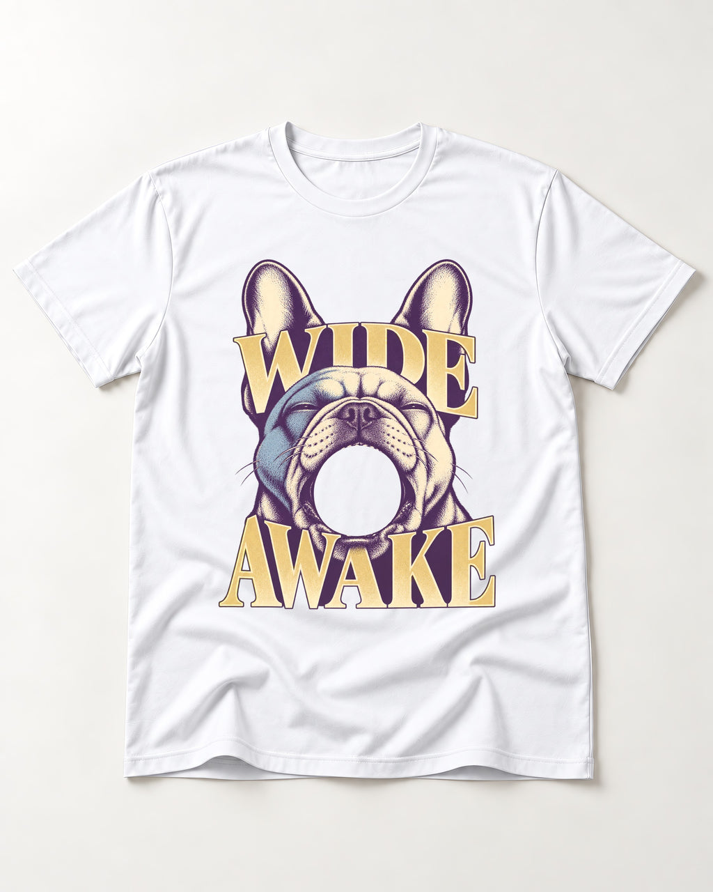 Frenchie Wide Awake Yawn Graphic T-Shirt in White, flat lay product photo