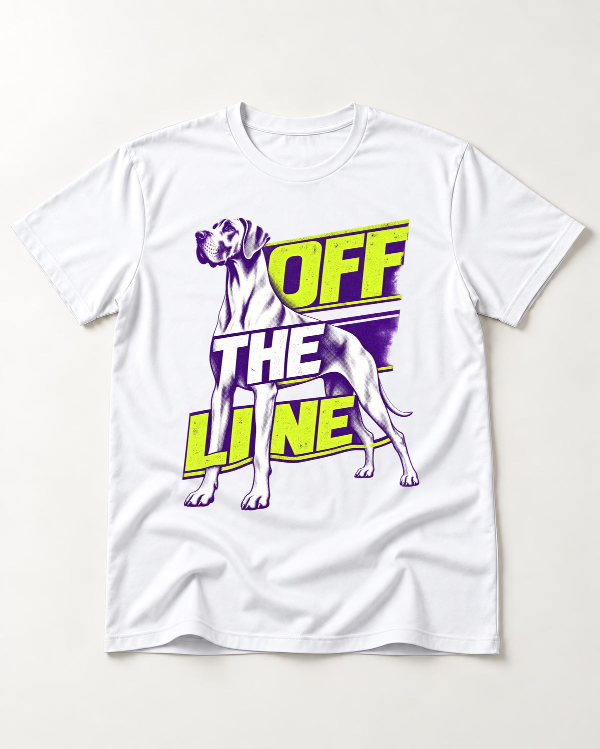 Great Dane Off the Line T-Shirt in White, flat lay product photo