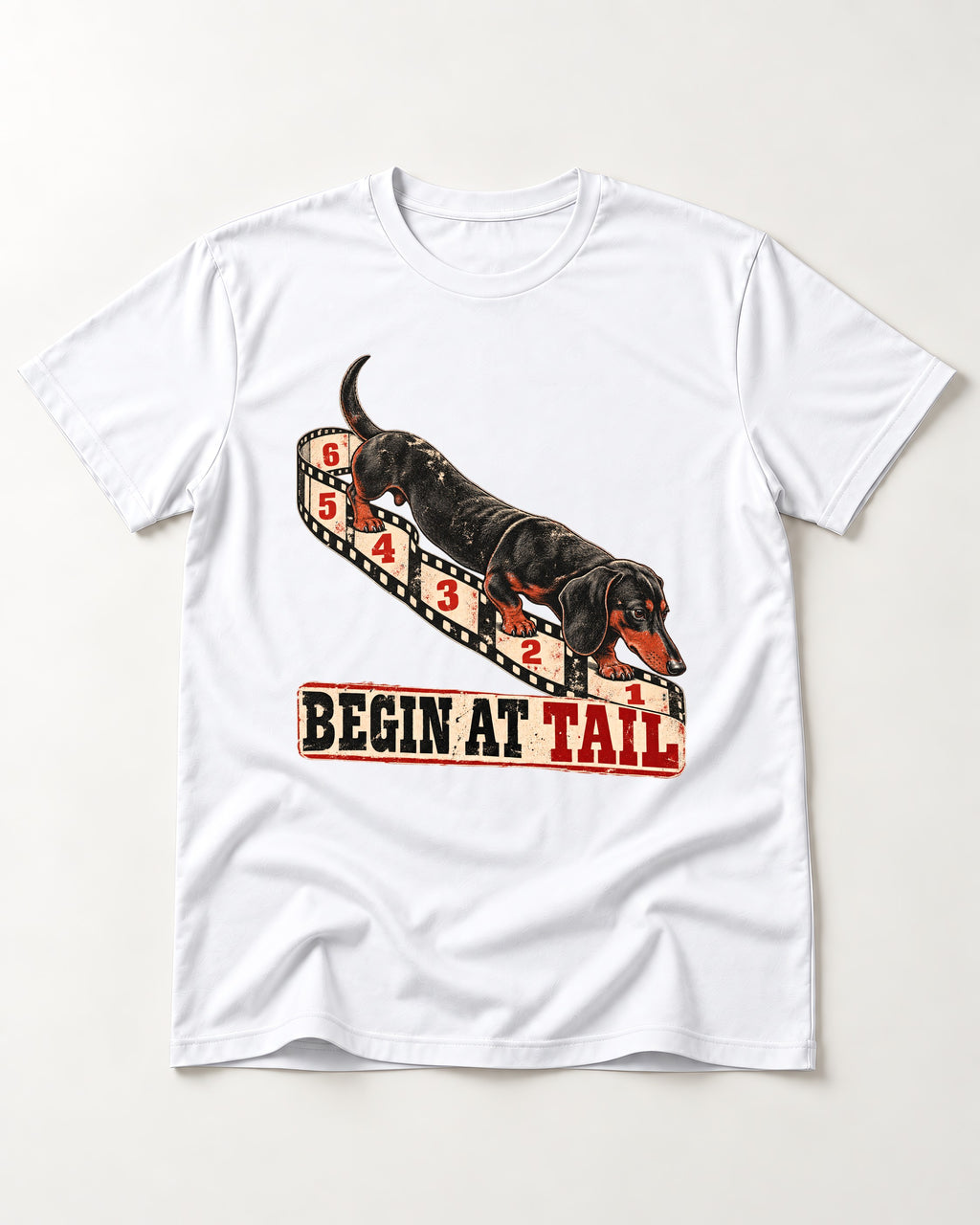 Begin at Tail Dachshund T-Shirt in White, flat lay product photo