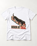 Begin at Tail Dachshund T-Shirt in White, flat lay product photo