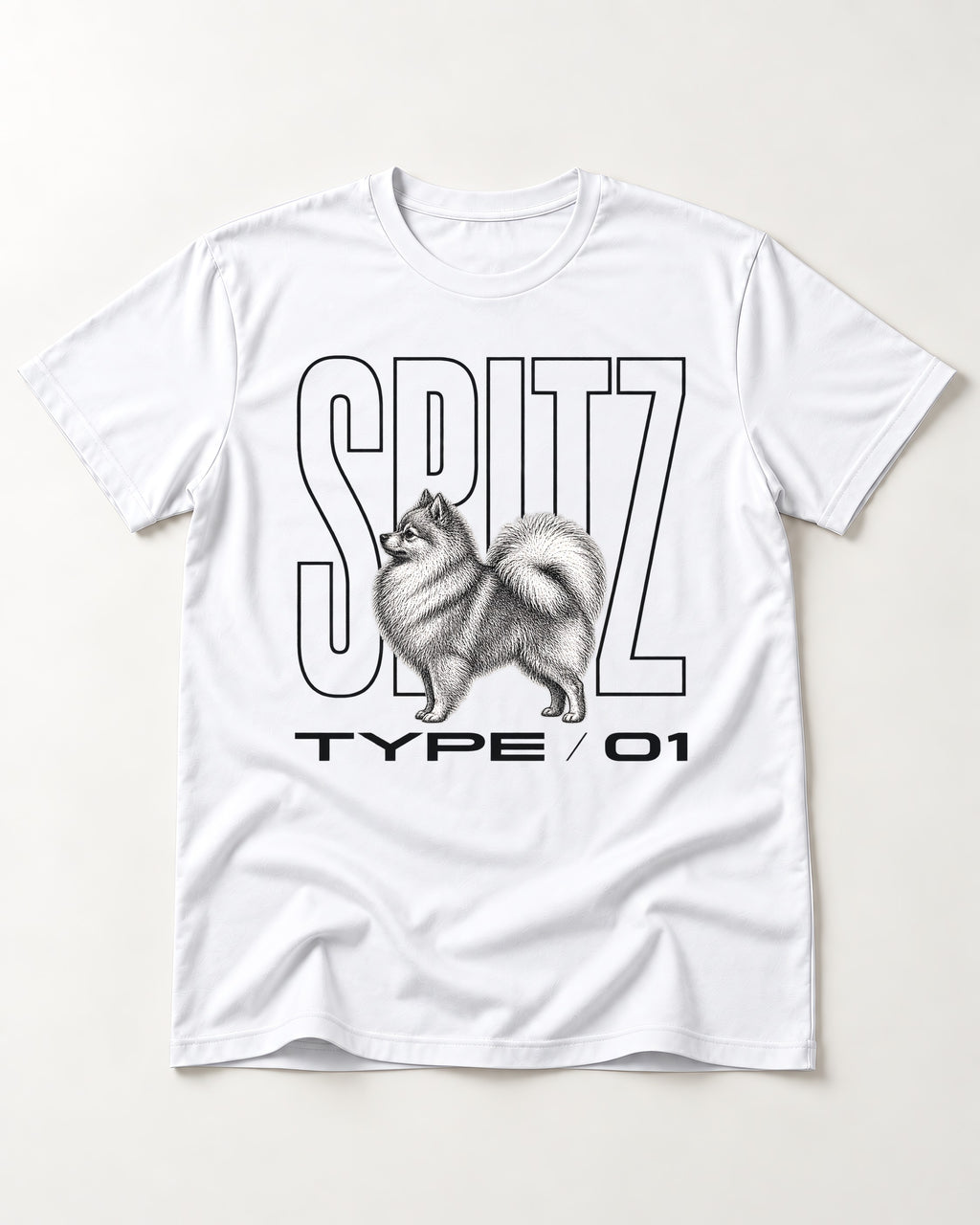 Pomeranian Spitz T-Shirt in White, flat lay product photo