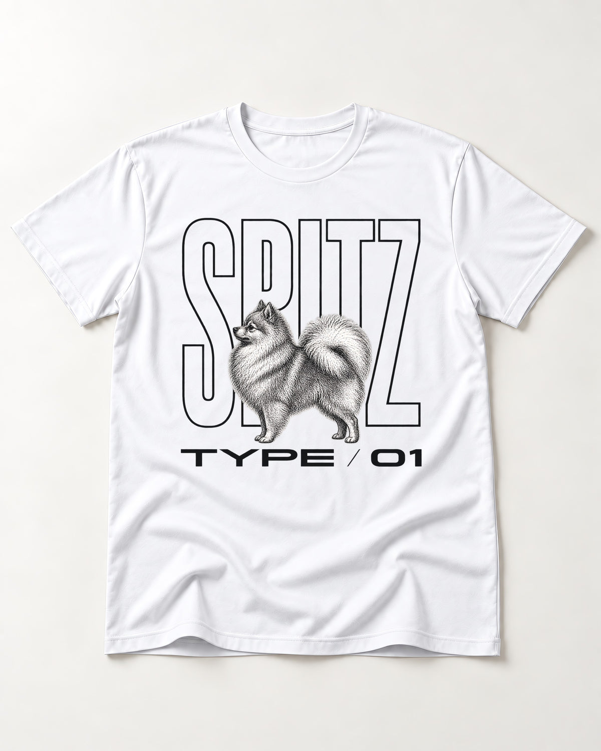 Pomeranian Spitz T-Shirt in White, flat lay product photo