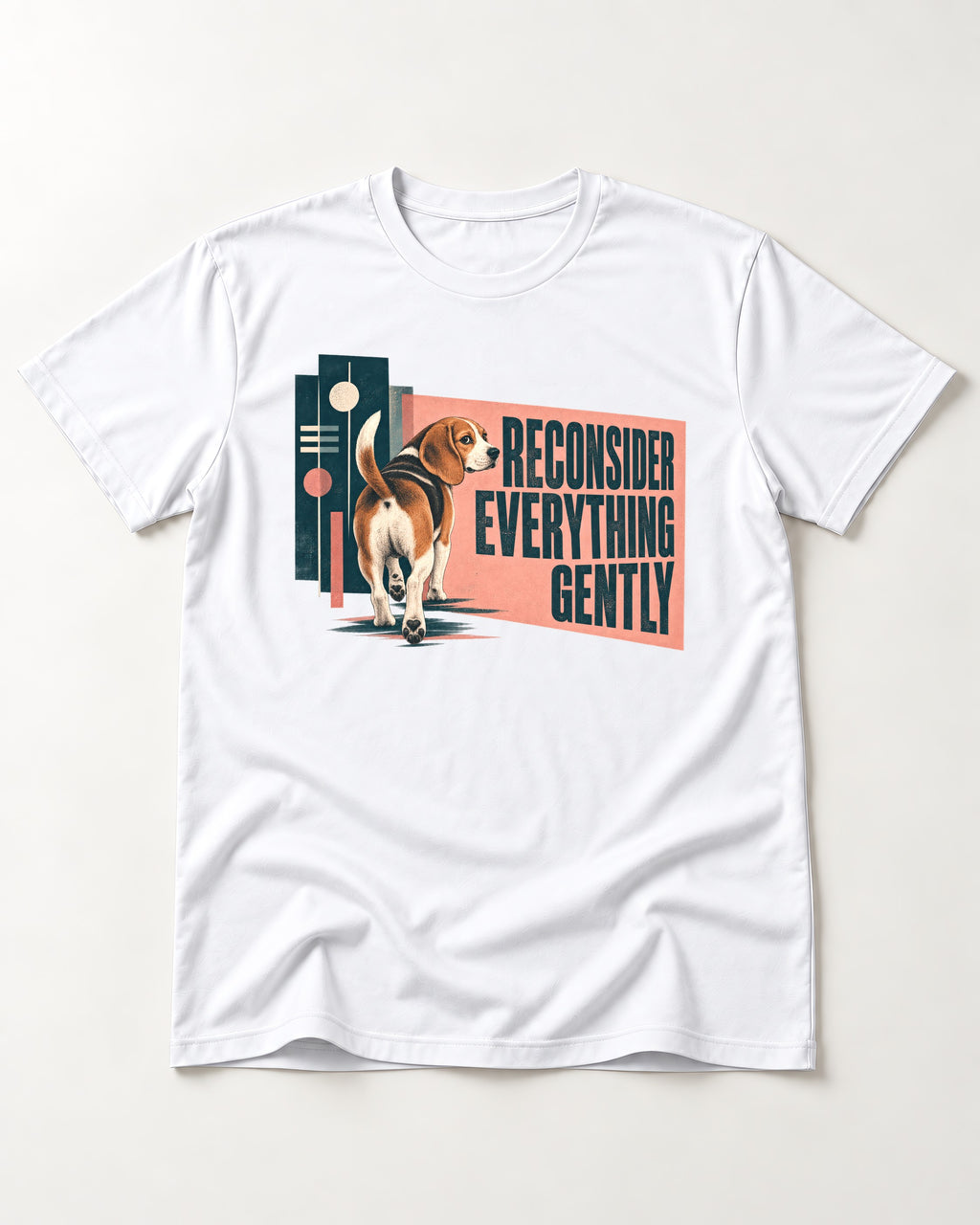 Beagle Reconsider Everything Gently Retro Graphic T-Shirt in White, flat lay product photo