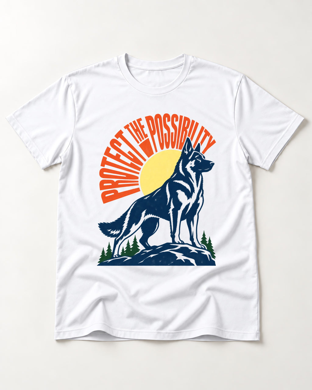 German Shepherd Dog Protect the Possibility T-Shirt in White, flat lay product photo