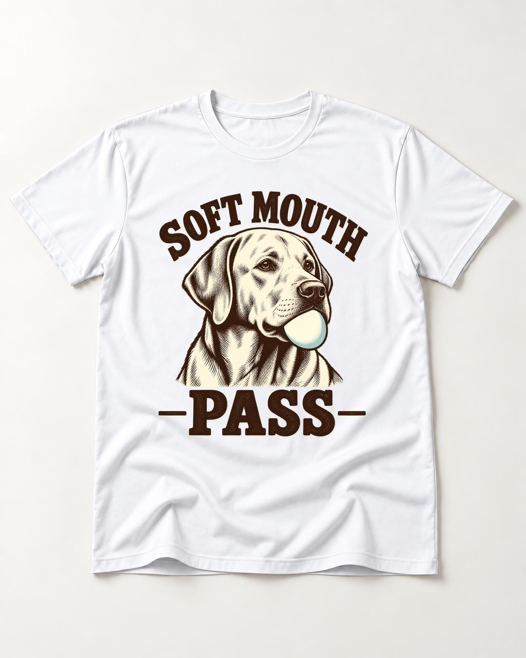 Soft Mouth Pass Labrador Retriever T-Shirt in White, flat lay product photo