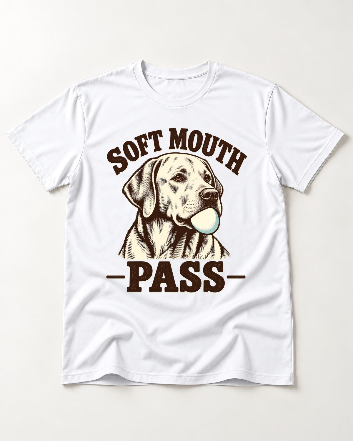 Soft Mouth Pass Labrador Retriever T-Shirt in White, flat lay product photo