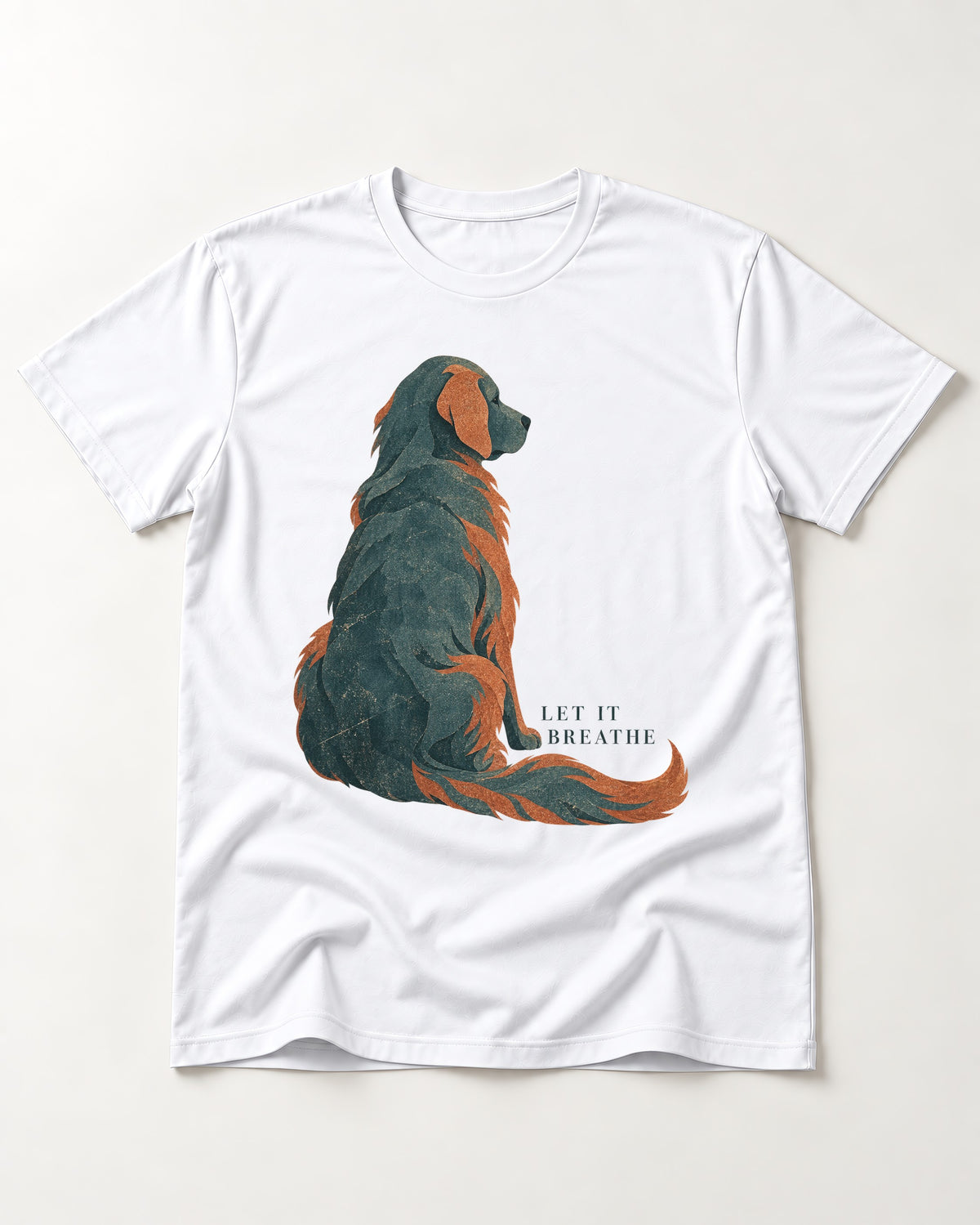 Let It Breathe Golden Retriever T-Shirt in White, flat lay product photo