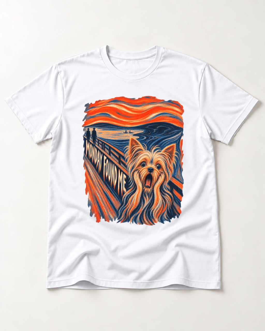 Yorkshire Terrier Monday Found Me Scream Parody Graphic T-Shirt in White, flat lay product photo
