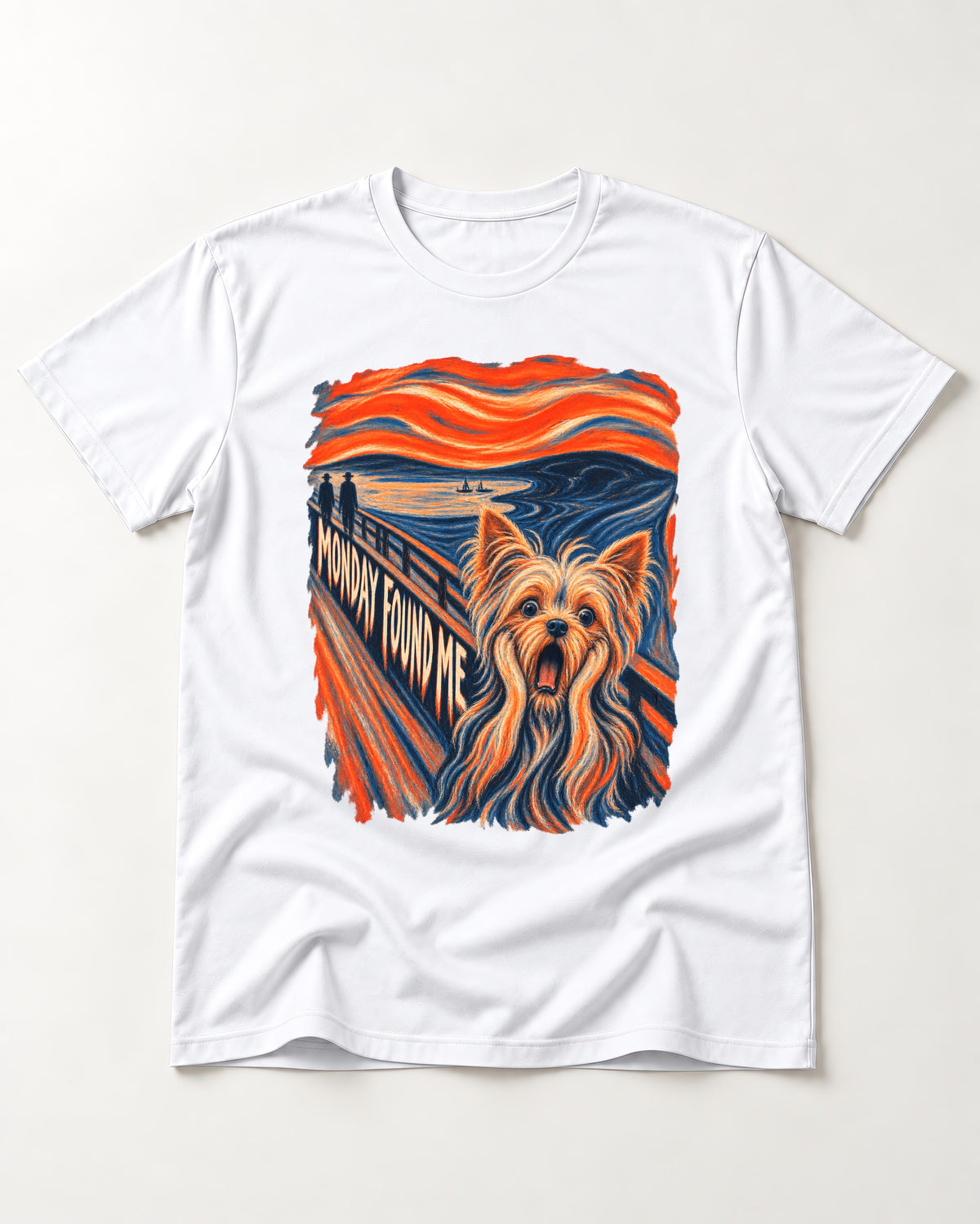 Yorkshire Terrier Monday Found Me Scream Parody Graphic T-Shirt in White, flat lay product photo