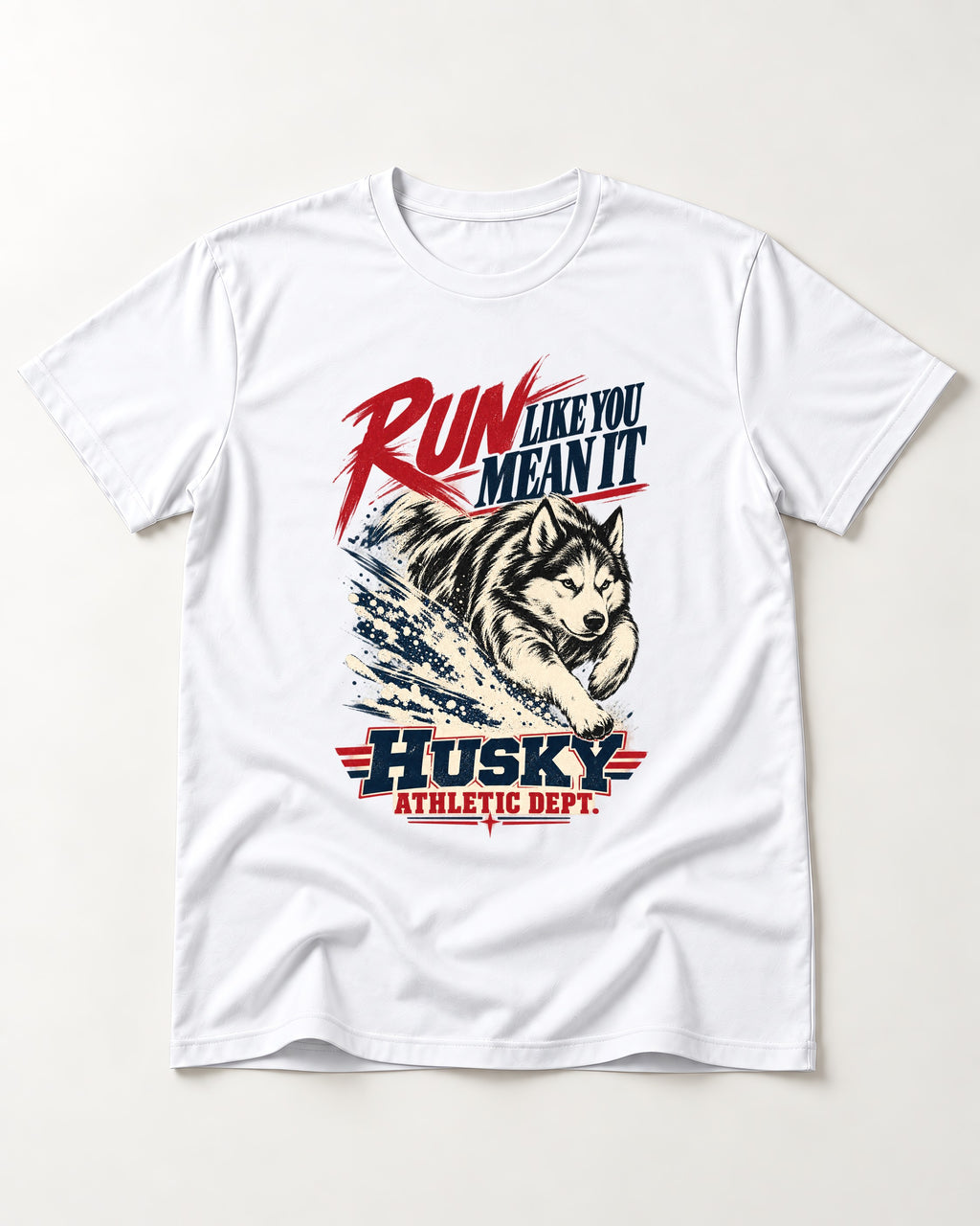Husky Run with Purpose T-Shirt in White, flat lay product photo