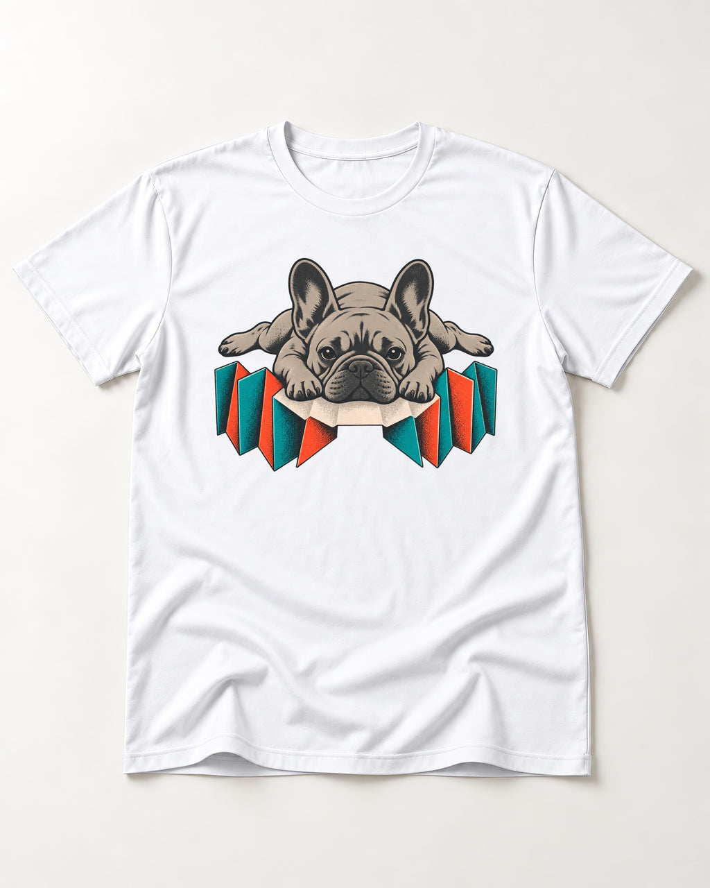 Frenchie Sploot Press Graphic T-Shirt in White, flat lay product photo