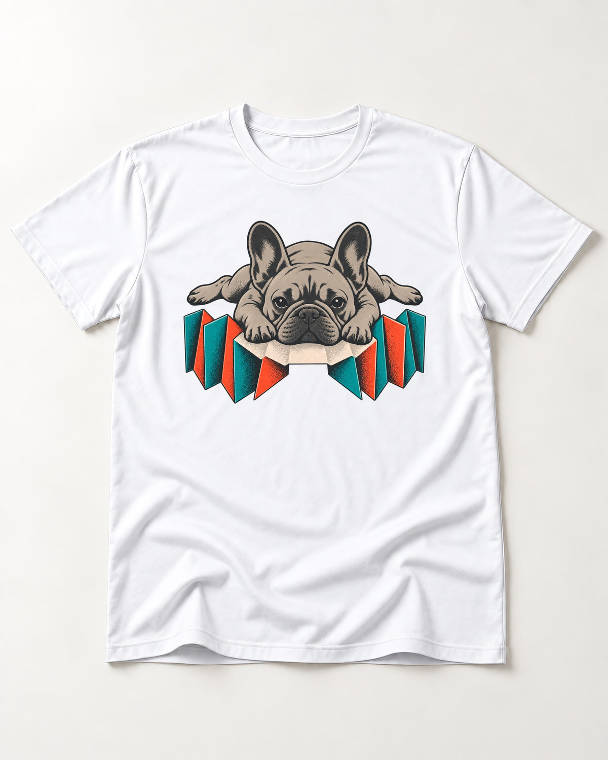 Frenchie Sploot Press Graphic T-Shirt in White, flat lay product photo