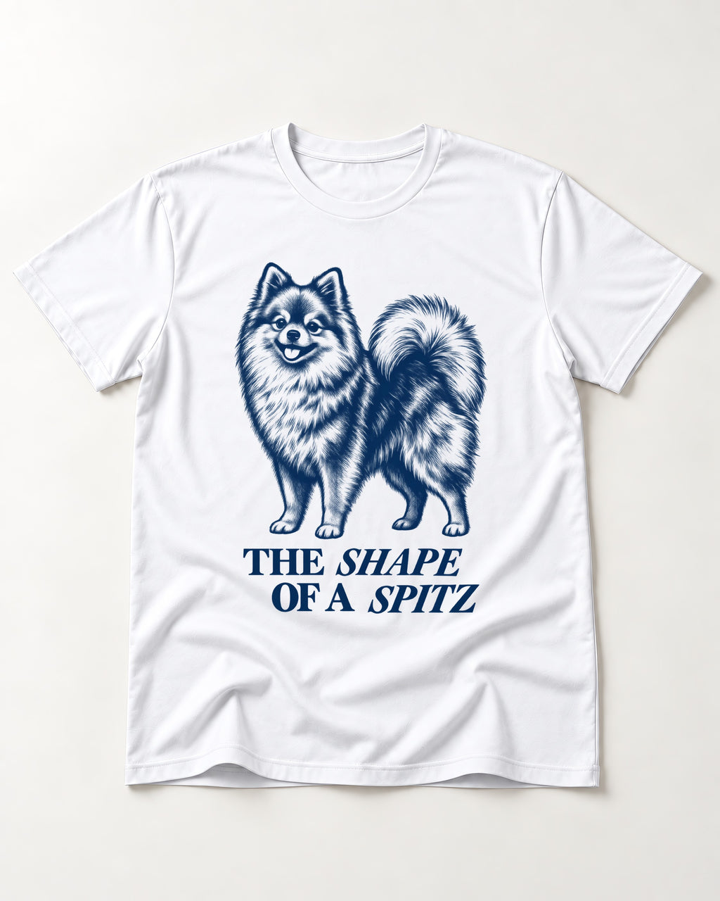 The Shape of a Pomeranian T-Shirt in White, flat lay product photo