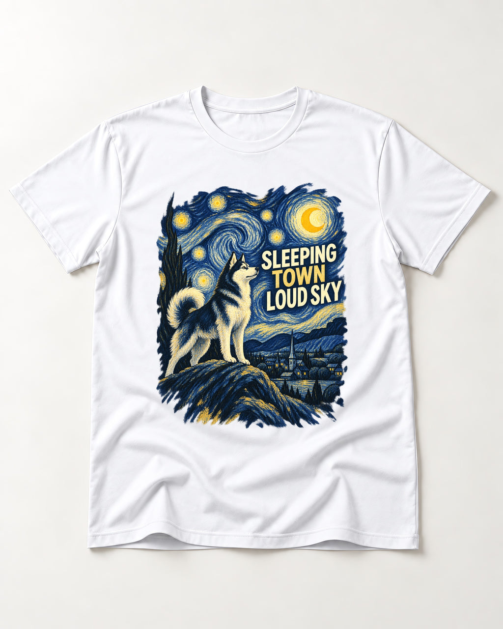 Husky Sleeping Town Loud Sky Starry Night Graphic T-Shirt in White, flat lay product photo