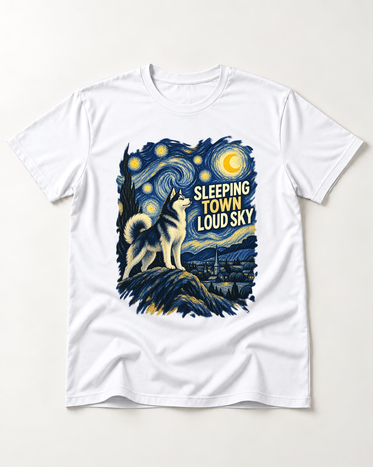 Husky Sleeping Town Loud Sky Starry Night Graphic T-Shirt in White, flat lay product photo