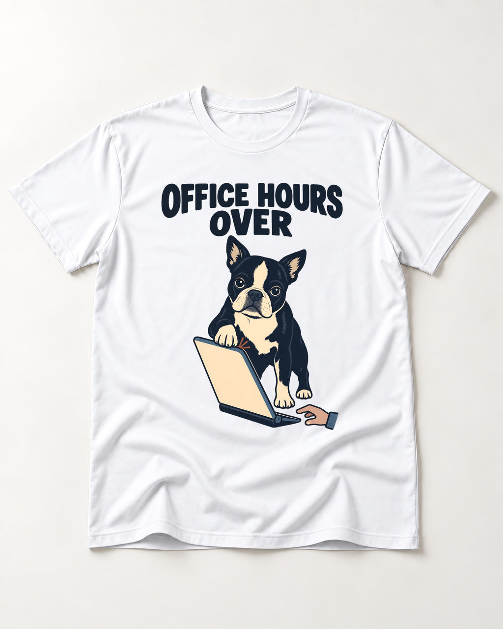 Boston Terrier Office Hours Over T-Shirt in White, flat lay product photo