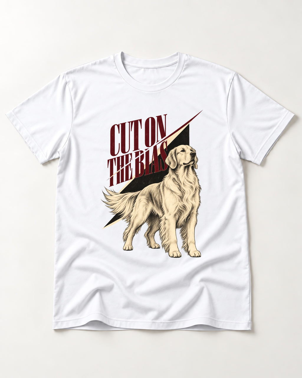 Cut on the Bias Golden Retriever T-Shirt in White, flat lay product photo