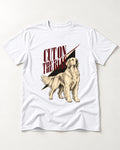 Cut on the Bias Golden Retriever T-Shirt in White, flat lay product photo