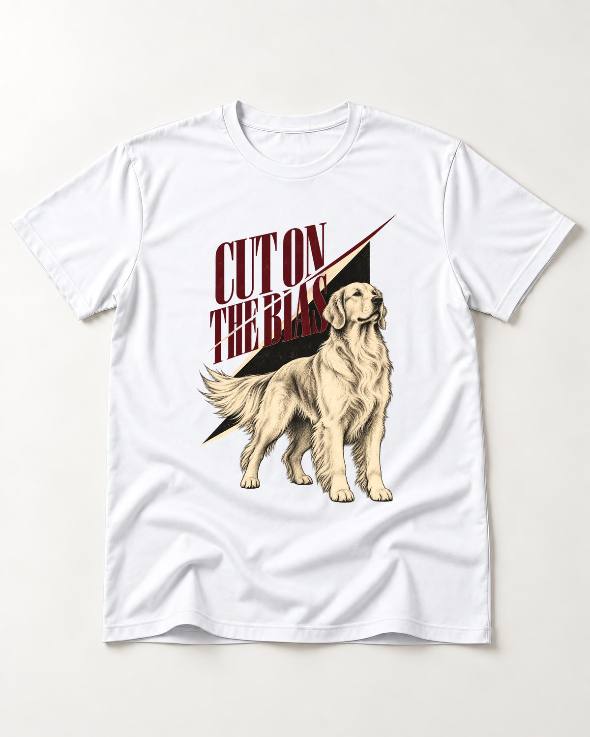 Cut on the Bias Golden Retriever T-Shirt in White, flat lay product photo