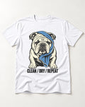 Clean Dry Repeat English Bulldog T-Shirt in White, flat lay product photo