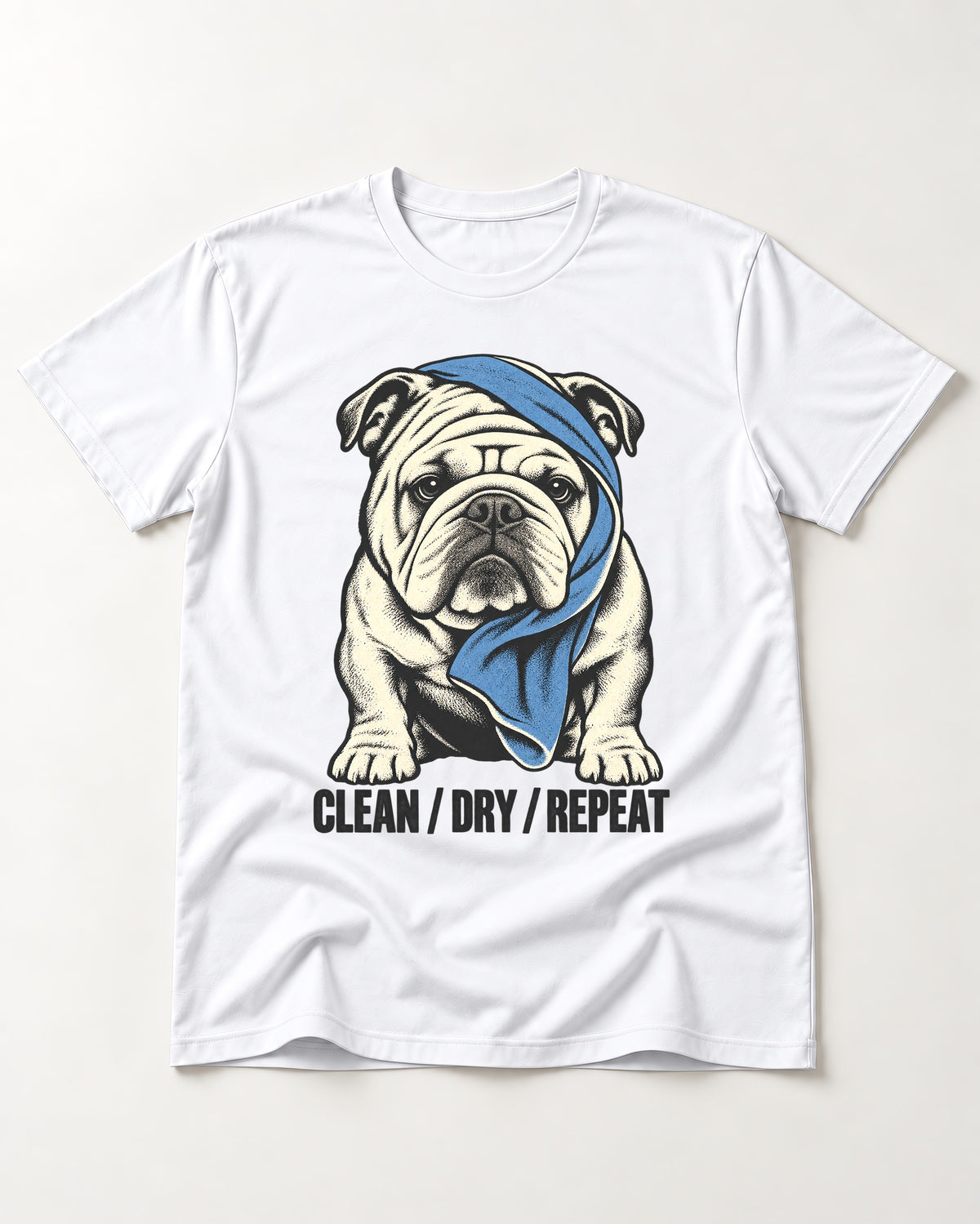 Clean Dry Repeat English Bulldog T-Shirt in White, flat lay product photo