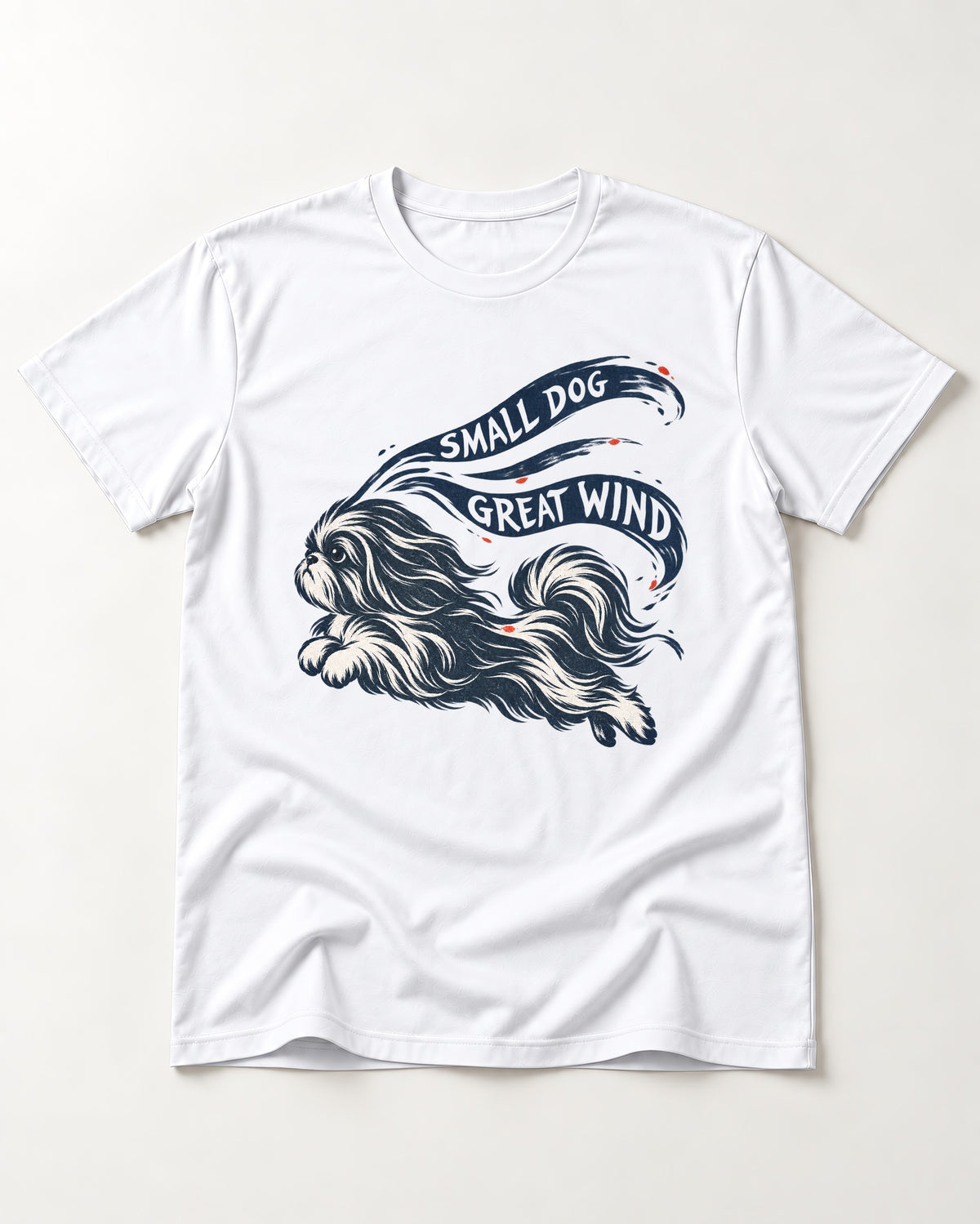 Small Shih Tzu Great Wind T-Shirt in White, flat lay product photo