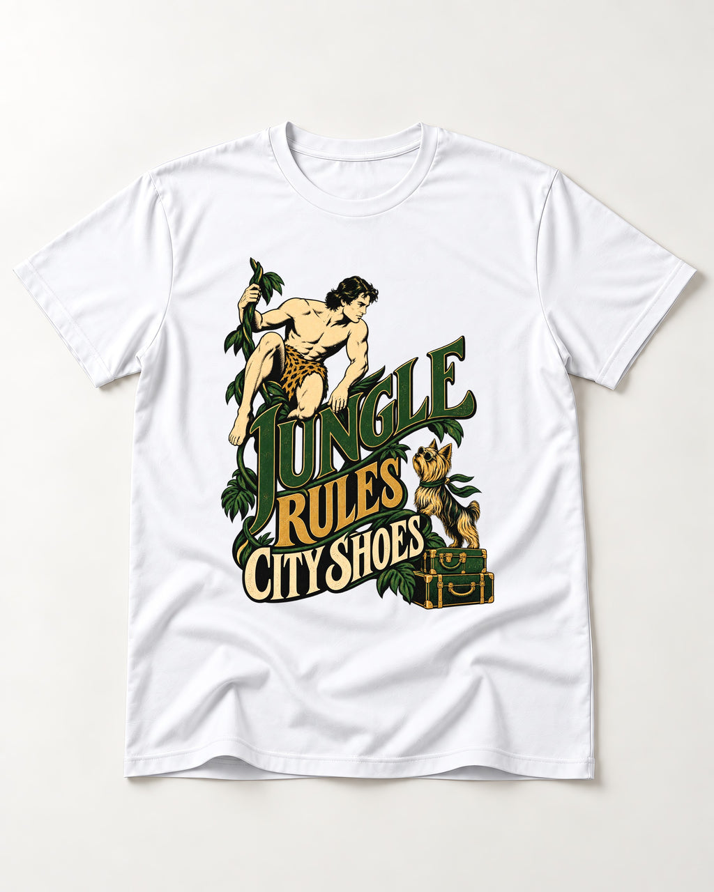 Jungle Rules City Shoes Yorkshire Terrier T-Shirt in White, flat lay product photo