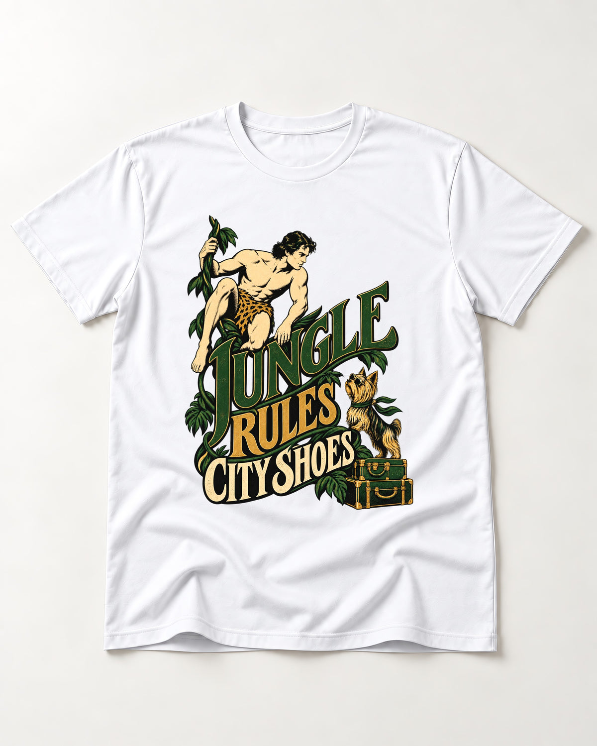 Jungle Rules City Shoes Yorkshire Terrier T-Shirt in White, flat lay product photo