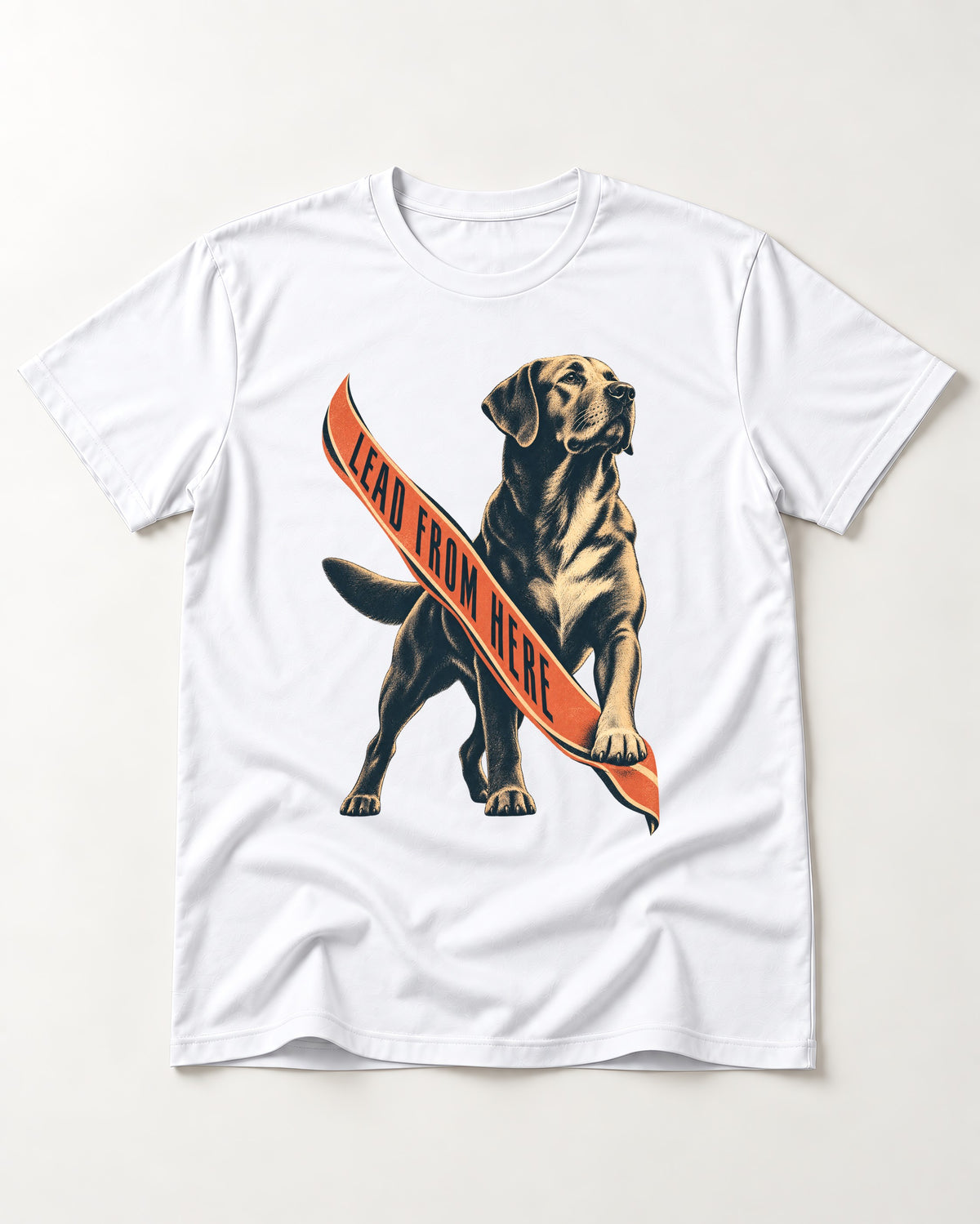Lead From Here Labrador Retriever T-Shirt in White, flat lay product photo